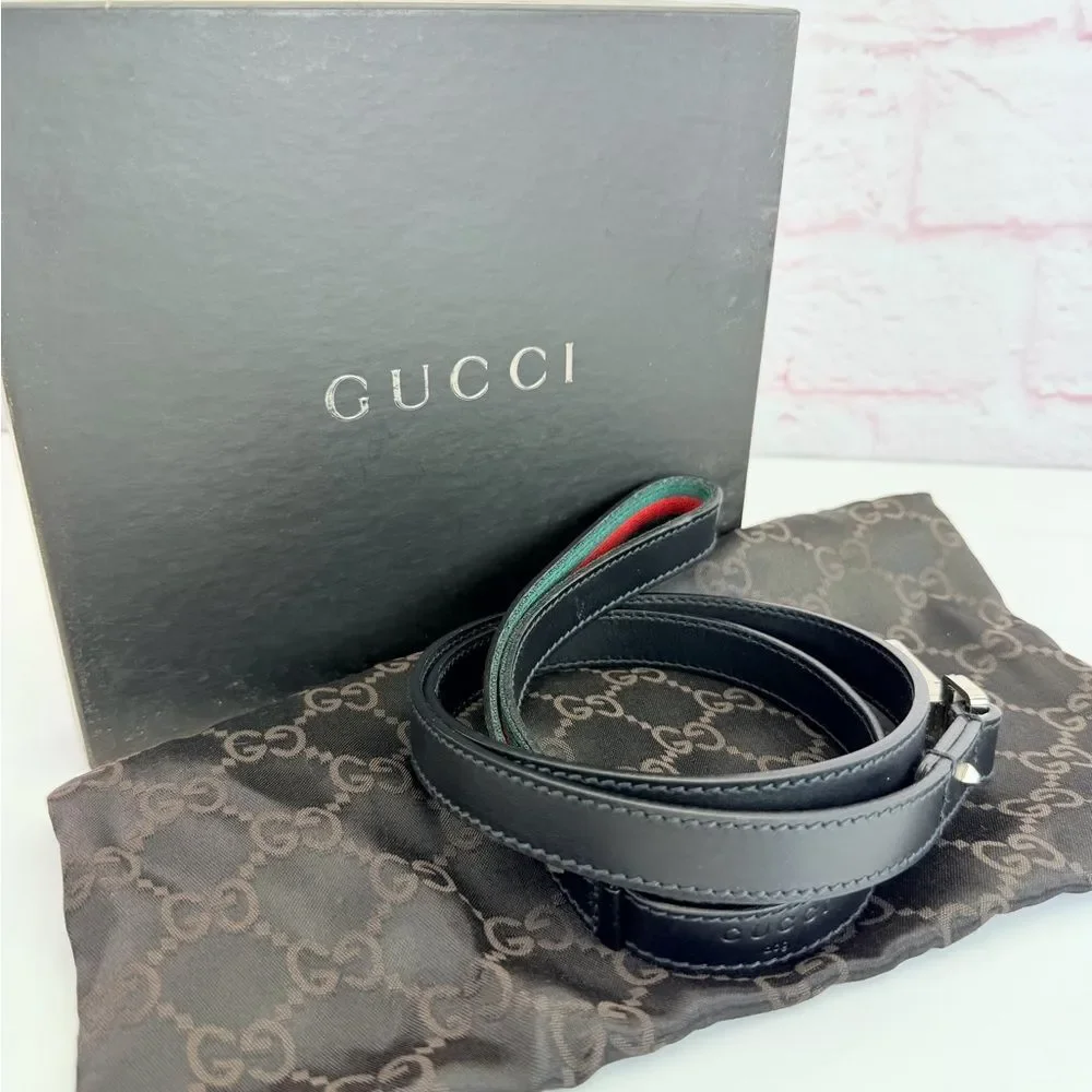 Gucci Web Black Leather Belt Dog Leash 47”